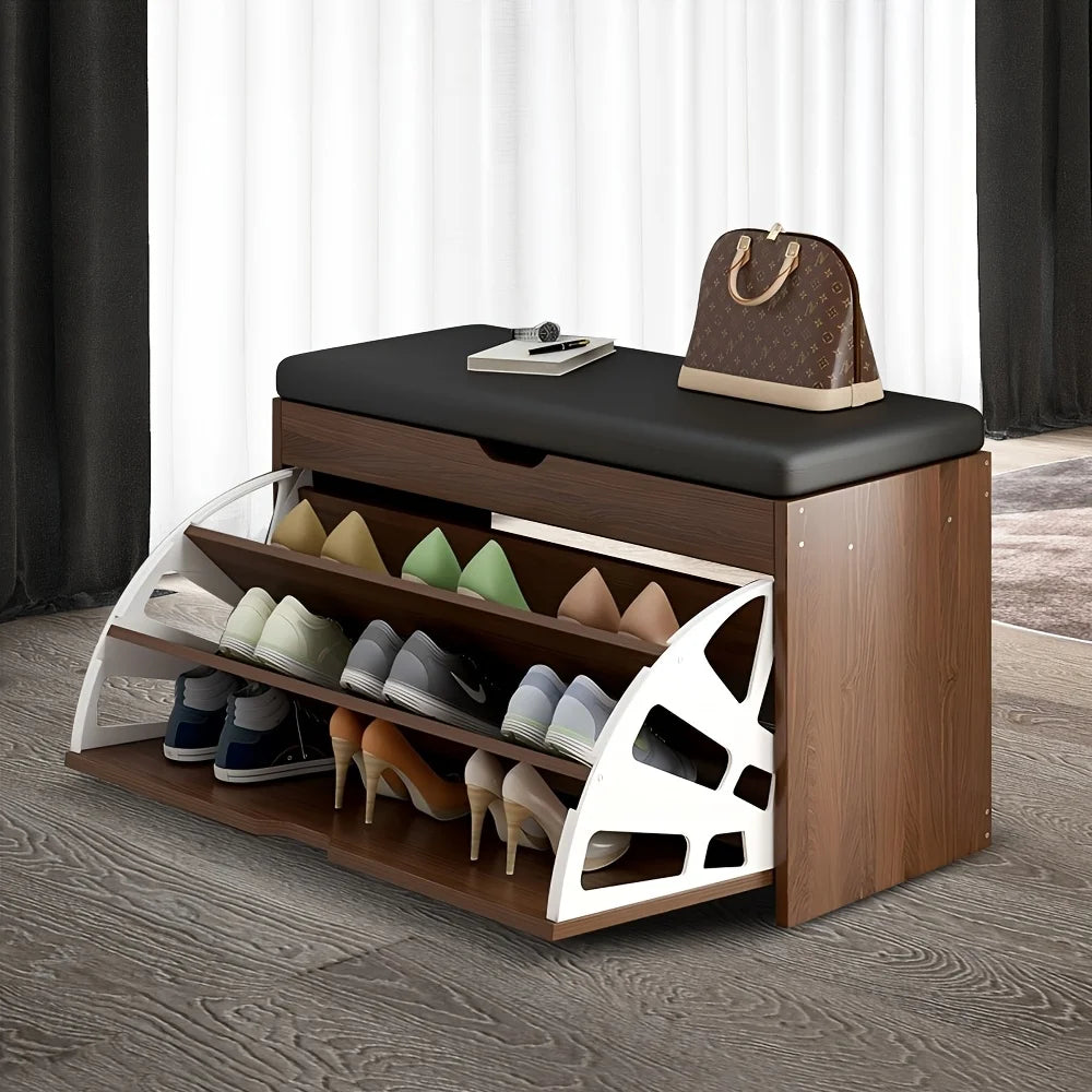 Foldable Shoe Cabinet with Bench - 3-Tier Entryway Shoe Organizer for Small Spaces