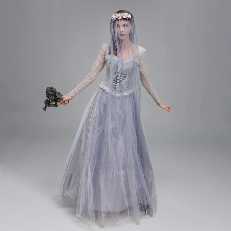 Women Halloween Dead Bride Costume Corset Dress & Veil Set for Cosplay