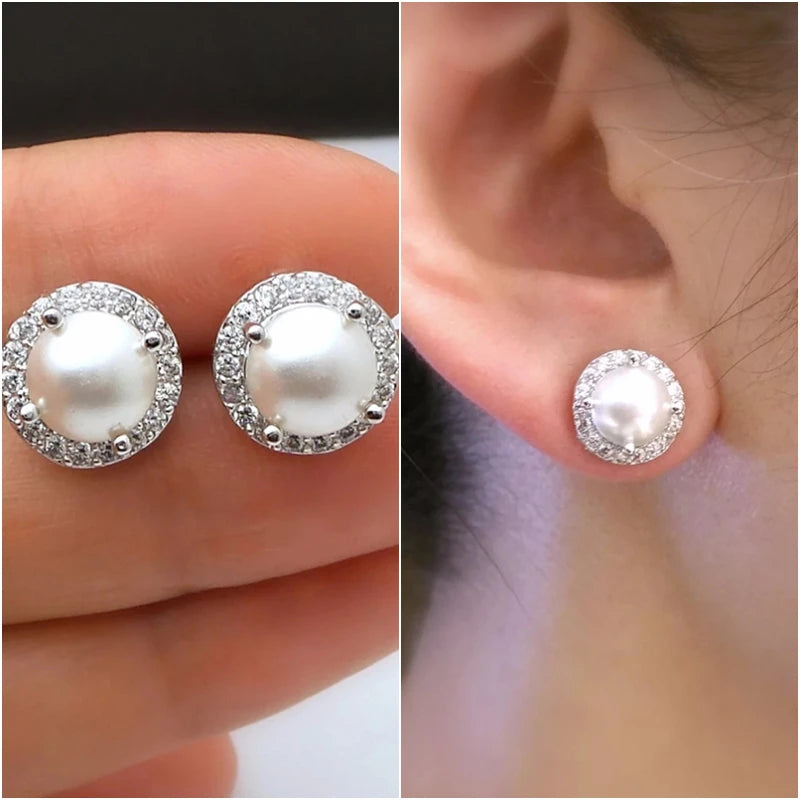Elegant Women's Imitation Pearl Earrings with CZ Stones – Bridal & Party Jewelry