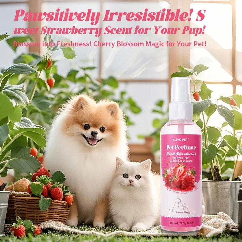 Pet Perfume Spray 100ml Sweet Strawberry Scent Long-Lasting Odor Neutralizer - Alcohol-Free, Fragrance & Odor Eliminator for Pets