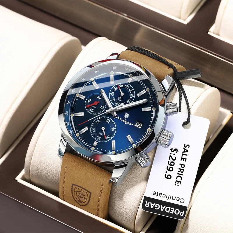 Luxury Men's Waterproof Luminous Chronograph Watch with Leather Strap