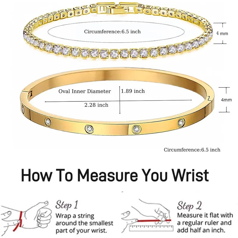 2-Piece Gold Plated Tennis Bracelets for Women - Dainty Love Bangle Set with Cubic Zirconia