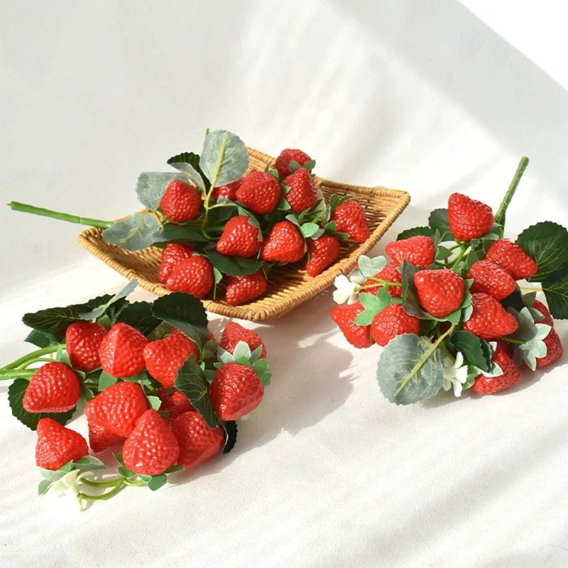 Artificial Strawberry Branch Decor Picks - Faux Fruit Plant Wall Accent