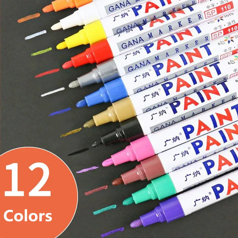 12-Color Waterproof Paint Markers Set for Car Touch Up Glass & Crafts
