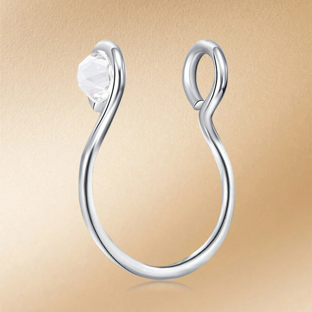 Women’s Fake Nose Ring U-Shaped Dangle Style Zirconia Nose Stud Gold Stainless Steel