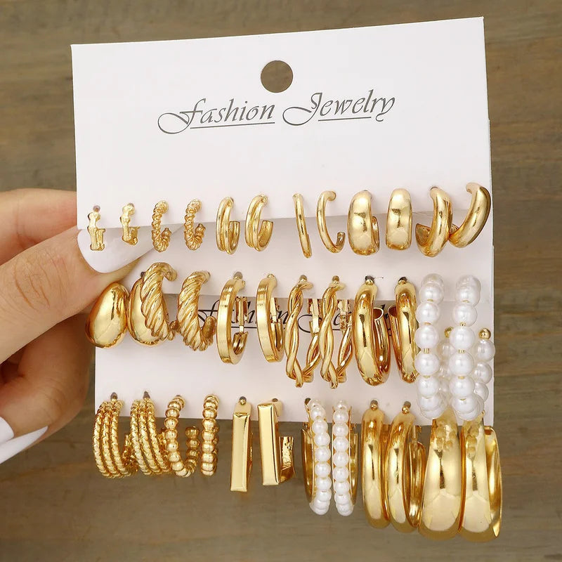 Geometric Hoop Earrings Set for Women Vintage Bohemian Pearl Gold Jewelry Gift