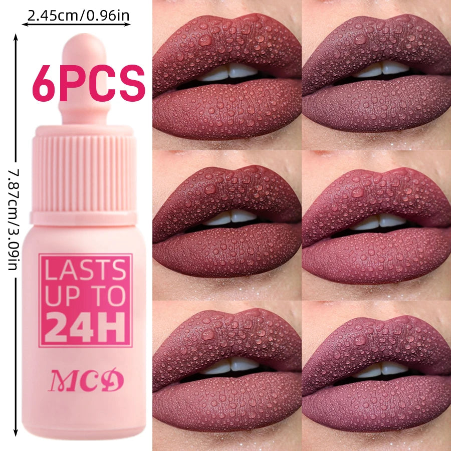 Matte Waterproof Lip Gloss Set - 6 Nude Red Rose Lip Tints for Women