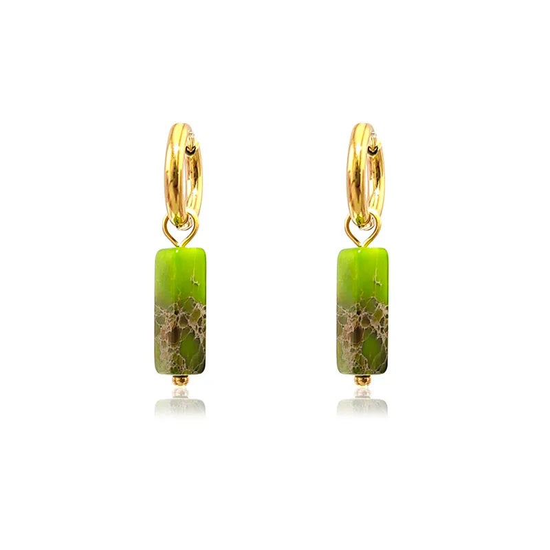 Silver Stainless Steel Square Hoop Earrings with Natural Stones for Women