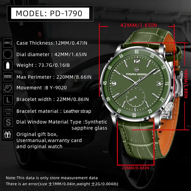 Men's Mechanical Watch 42MM Waterproof Leather Band Sapphire Glass
