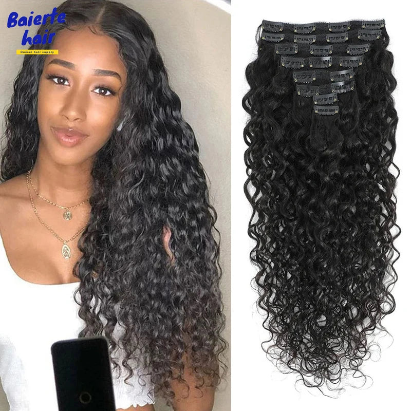 Water Wave Clip-In Hair Extensions - Human Virgin Hair, Curly Brazilian Remy