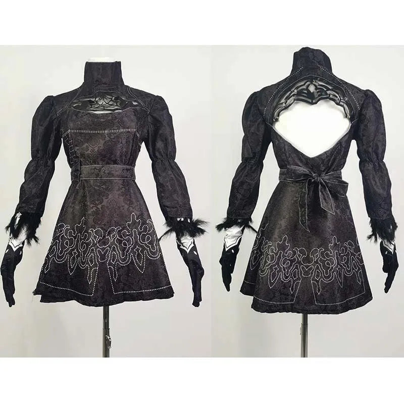 Yorha 2B Cosplay Costume Full Set - Black Leotard Dress with Wig Gloves Eyemask Socks