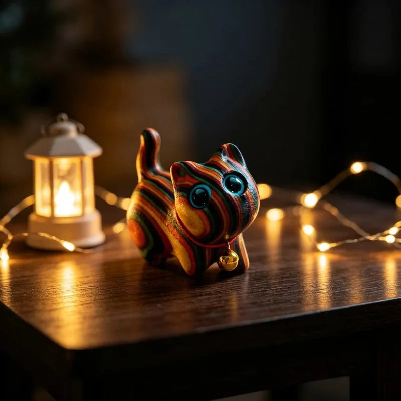 Painted Wooden Cat Sculpture - Small Kitten Home Decor Ornament