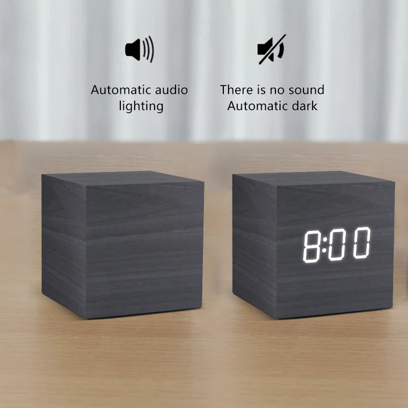 Wooden LED Alarm Clock with Voice Control and Digital Display - USB & Battery Powered