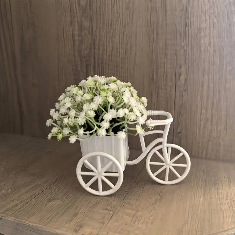 Modern Bicycle Flower Basket with Artificial Flowers for Home Decor - White, Blue, Pink