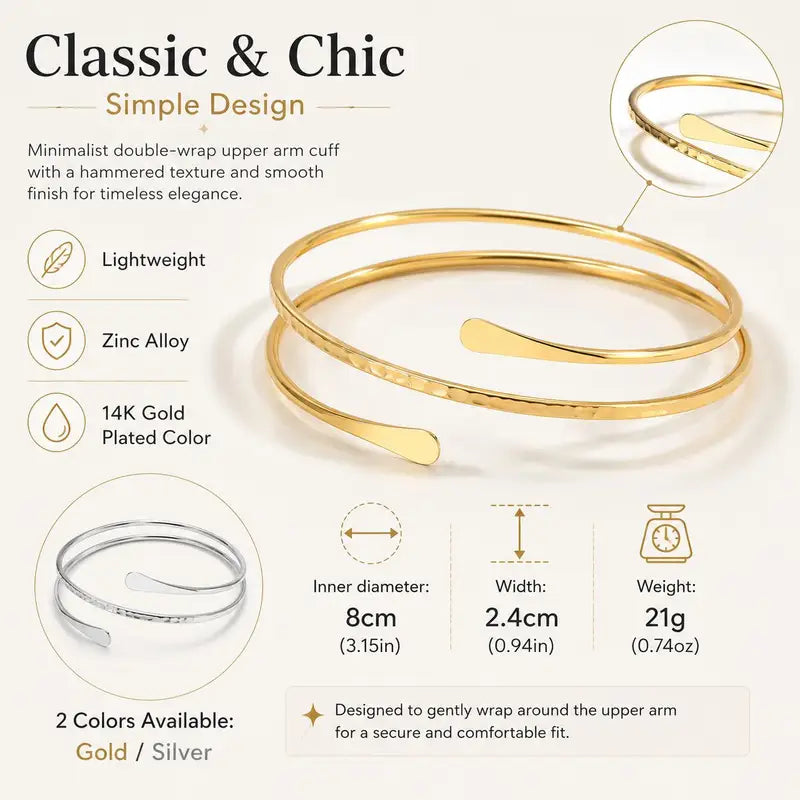 Minimalist Gold Plated Upper Arm Cuff Bracelet for Women - Adjustable Statement Jewelry