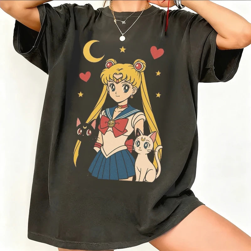 Retro Sailor Moon Graphic T Shirt for Men Women Summer Casual Streetwear