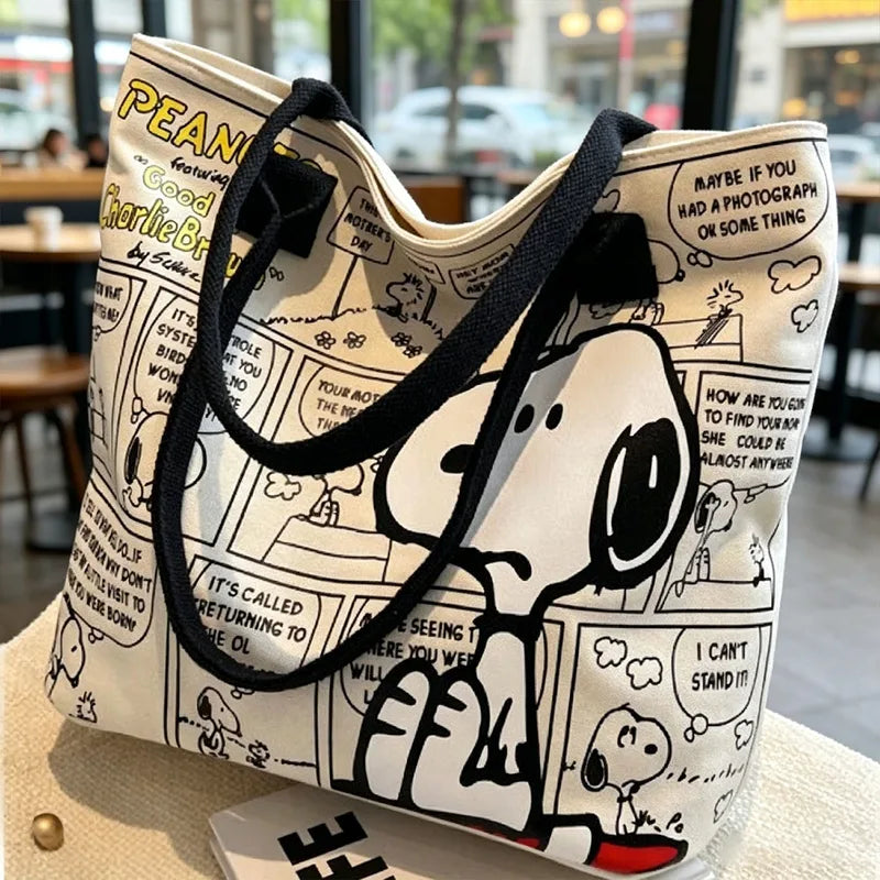 Large Capacity Snoopy Comic Canvas Tote Bag with Zipper | Eco Friendly Shopping Handbag for Students and Gifts