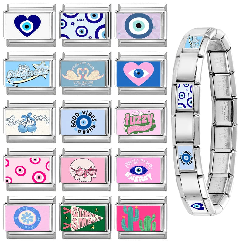 Vintage Devil Eye Blue Heart Charm Link Bracelet - Stainless Steel DIY Jewelry