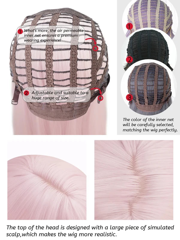 Long Peach Pink Synthetic Wigs with Bangs for Women - Heat Resistant & Wavy, 26 Inch
