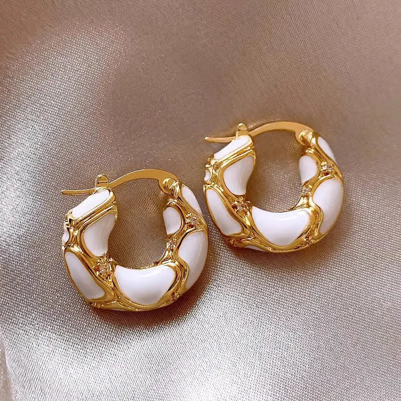 Vintage Enamel Metal Texture Hoop Earrings for Women Gold Plated Statement Jewelry