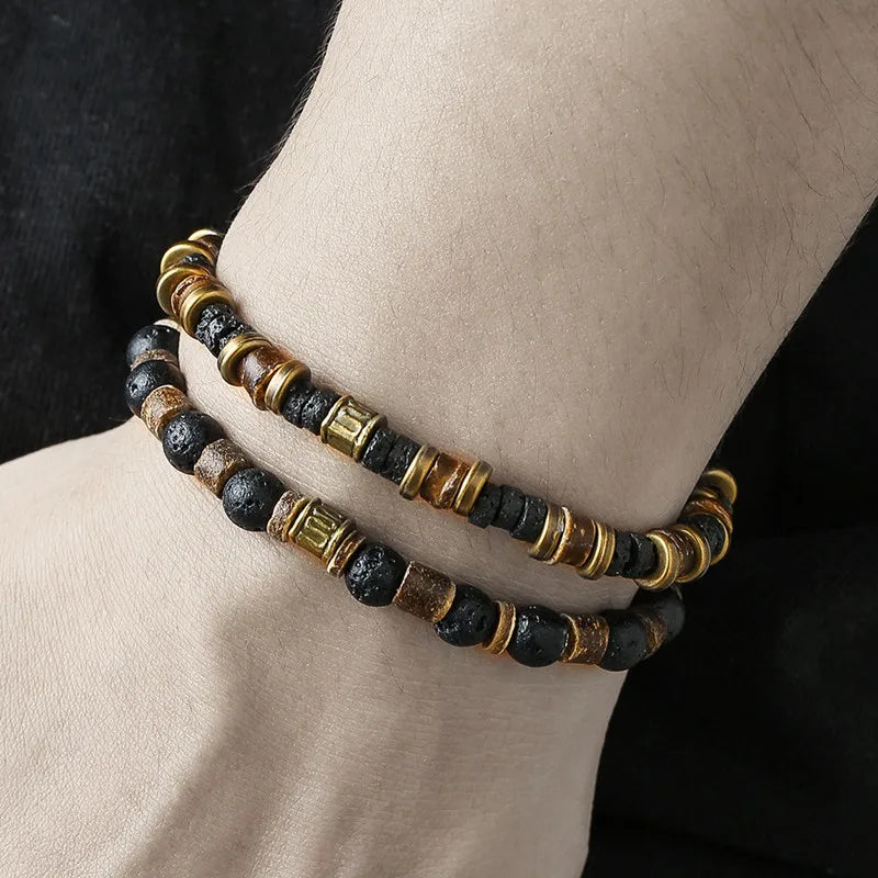 Wood Braided Leather Bracelets for Men 2-Pack Vintage Stone Jewelry Set