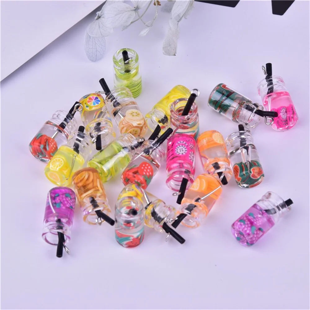 20pcs Colorful Milk Tea Fruit Bottle Charms Glass Pendants Jewelry Findings