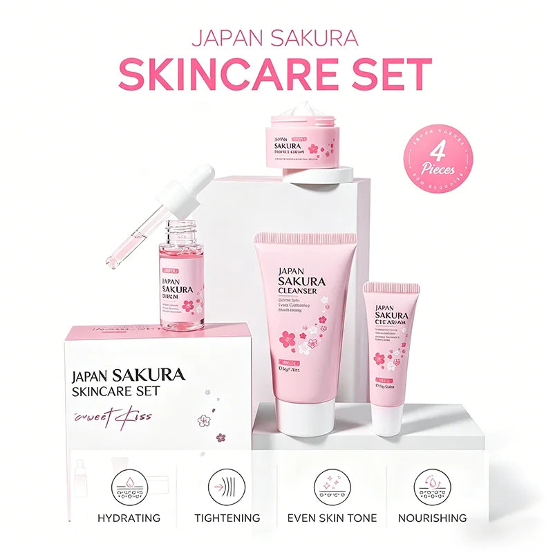 Sakura Skin Care Set with Cleanser, Serum, Eye Cream, Face & Essence Cream - Gift for Women