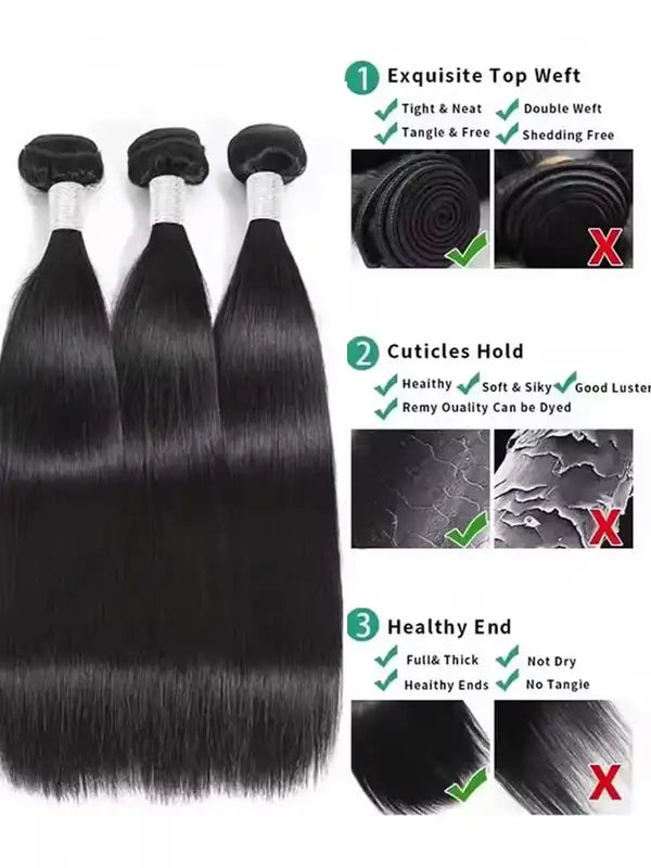 Brazilian Long Straight Virgin Human Hair Bundles - Natural Black, 12-42 Inches