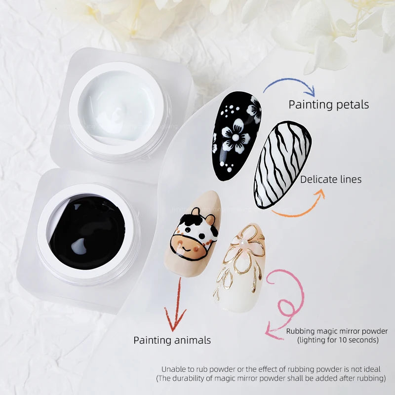 5ml Nail Art UV Gel Polish Set - Black White Colors 3D Flower Design Soak Off