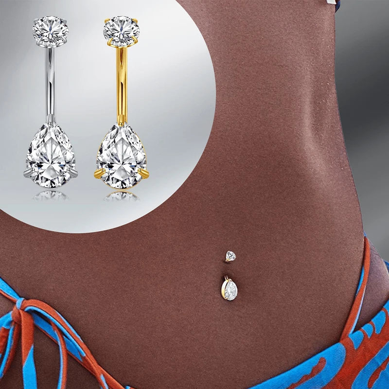 14G Stainless Steel Belly Button Rings with Cubic Zirconia - Navel Piercing Jewelry