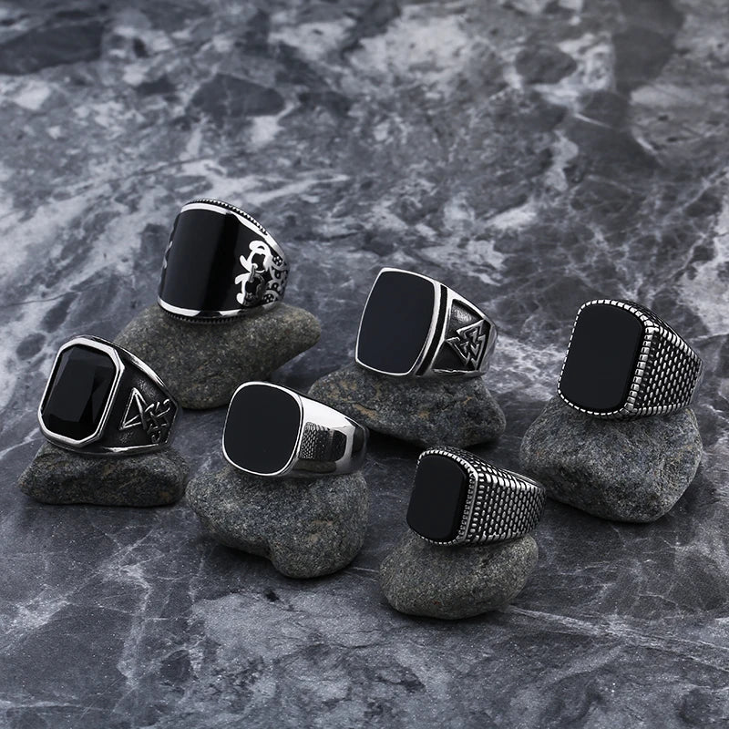 Unisex Stainless Steel Wedding Ring with Black Agate Stone - High-Quality Jewelry