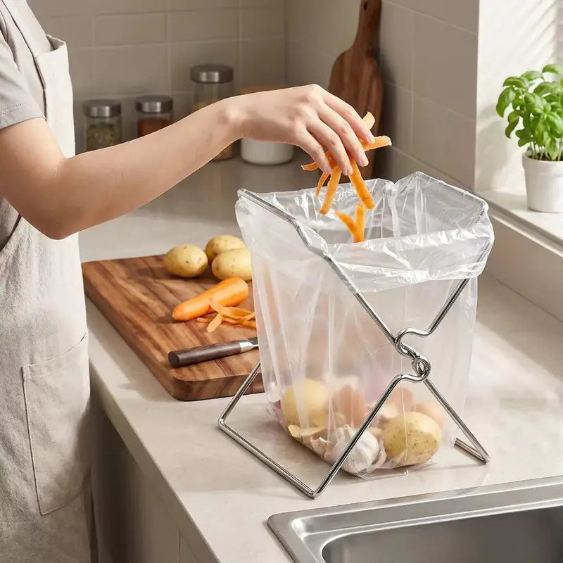 Collapsible Stainless Steel Trash Bag Holder - Kitchen Countertop Organizer Rack