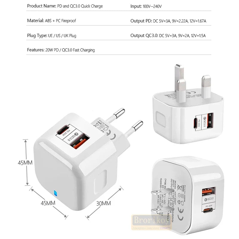 20W Fast Charging USB Wall Adapter with QC 3.0 & PD for iPhone & Samsung