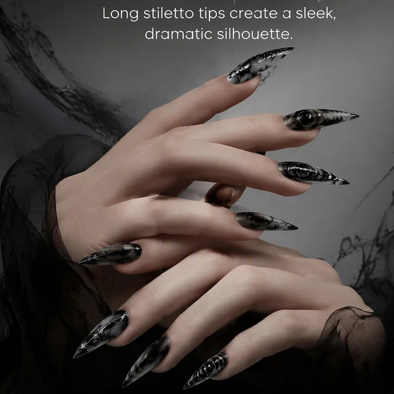 Gothic Stiletto Press On Nails with 3D Devil Eye Pattern - Halloween Fake Acrylic Nails, Glossy Finish, Reusable 30Pcs