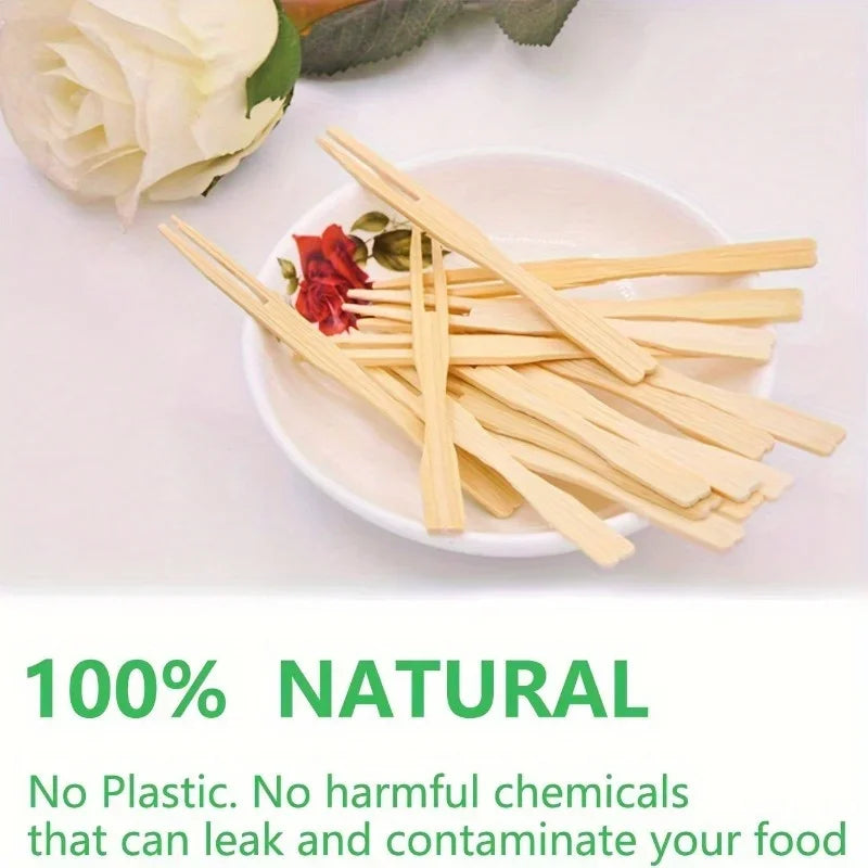 Disposable Bamboo Fruit Forks - 9cm Double Prong Cocktail Forks, 100 or 500 pcs