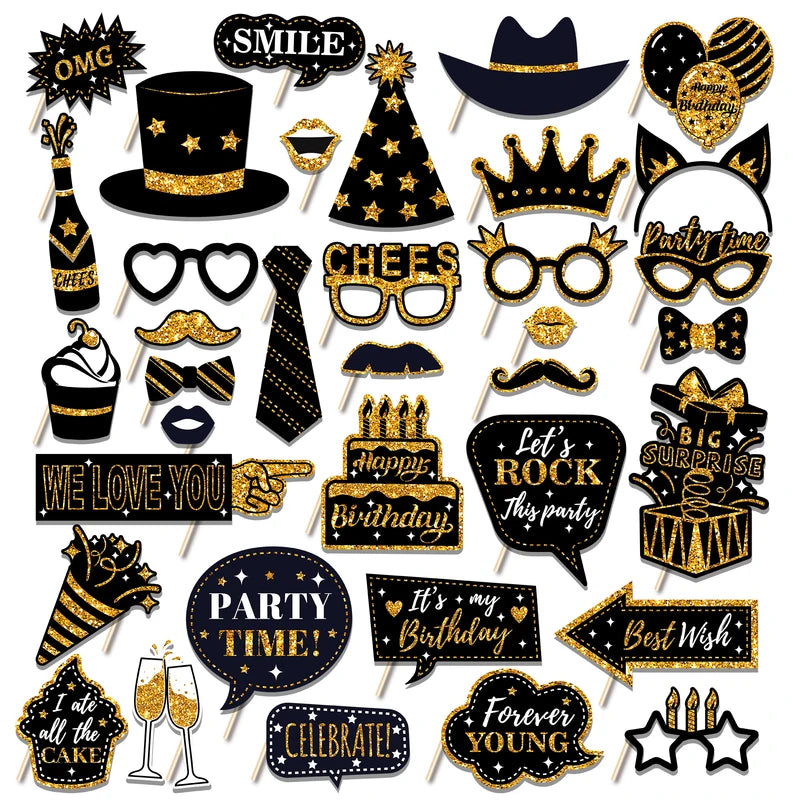 36PCS Happy Birthday Photo Booth Props Set with Shimmer Powder & Fun Glasses - DIY Party Accessories