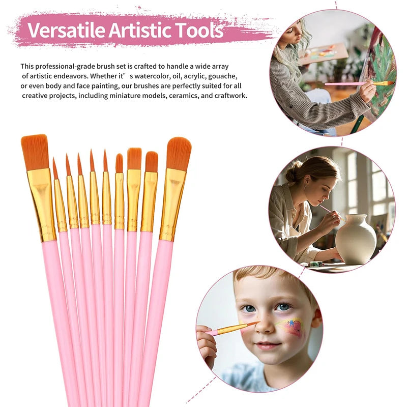 10-Piece Artist Paint Brush Set - Nylon Hair Watercolor & Body Painting Tools