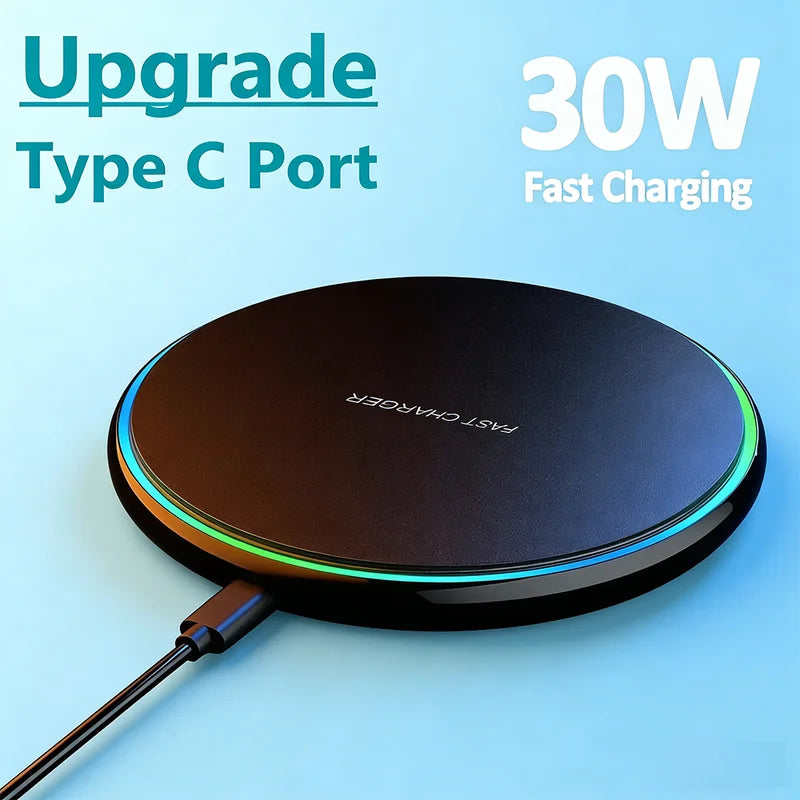 Wireless Charging Pad 30W Fast Qi Charger for iPhone Samsung Xiaomi - Black, White, Gray, Silver