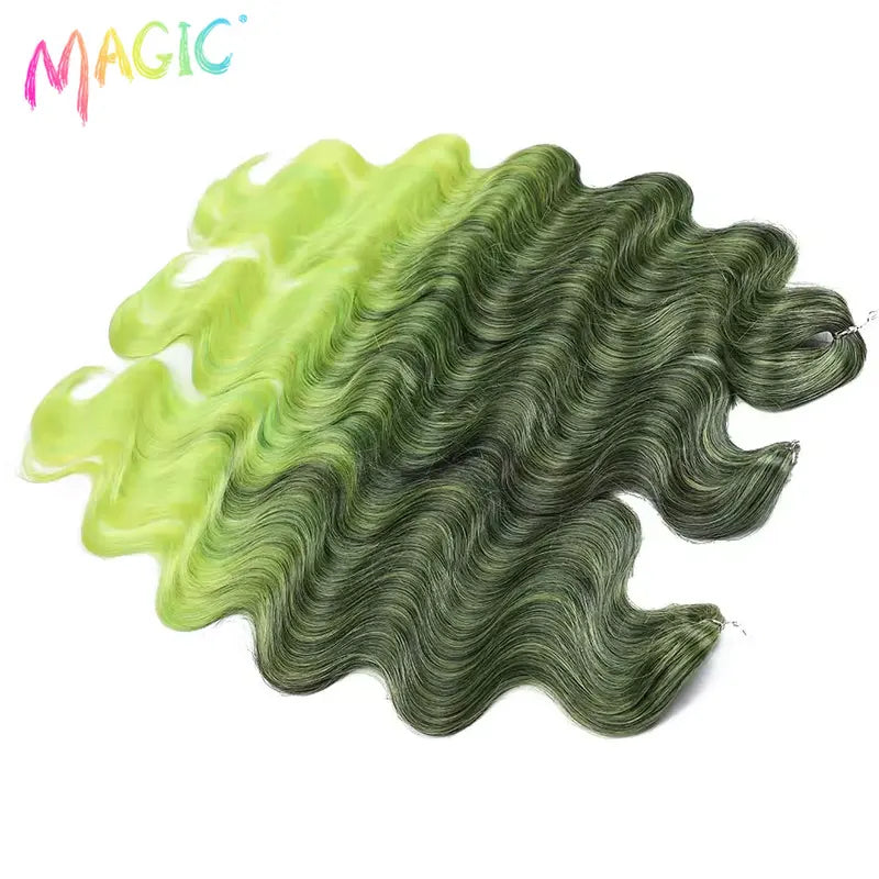 Long Synthetic Body Wave Crochet Hair Extensions 24 Inch Ombre Blue Green