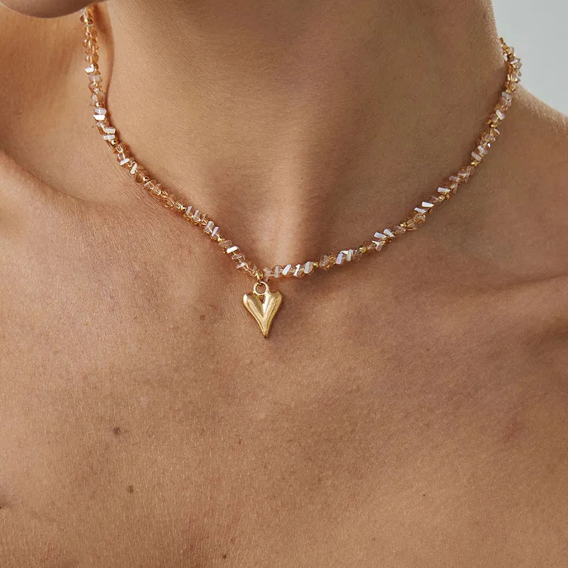 Gold Heart Pendant Necklace for Women Boho Geometric Crystal Jewelry Valentine's Gift