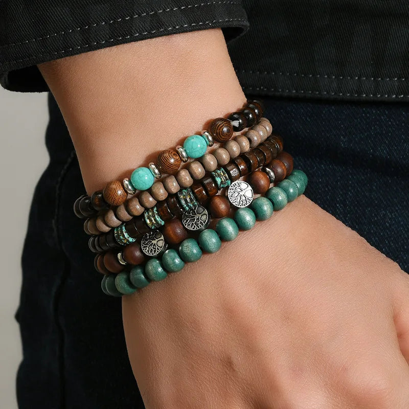 Vintage Ethnic Wooden Beaded Bracelets for Men Multi-Layer Jewelry with Turquoise and Nature Stones