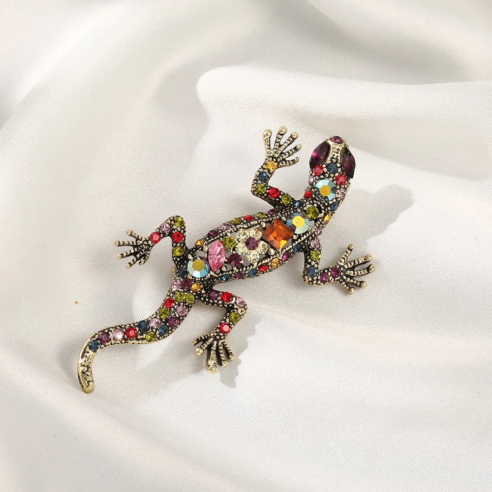 Crystal Stone Lizard Brooch with Bright Flowers and Gemstone Accents - Unisex Metal Pin