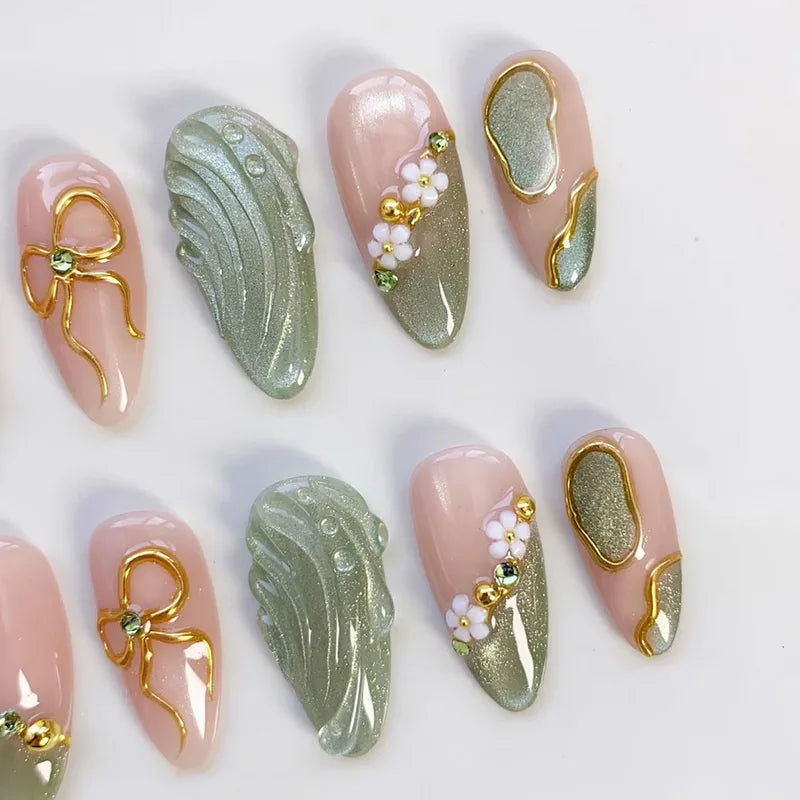 Press On Nail Set with 3D Gold Bow & Mini Flowers - Medium Almond, Full Cover