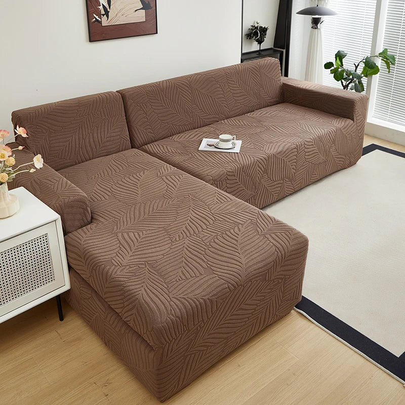 Jacquard Leaves Pattern Sofa Slipcover - Non-Slip Stretch Protector for L-Shaped & Sectional Sofas