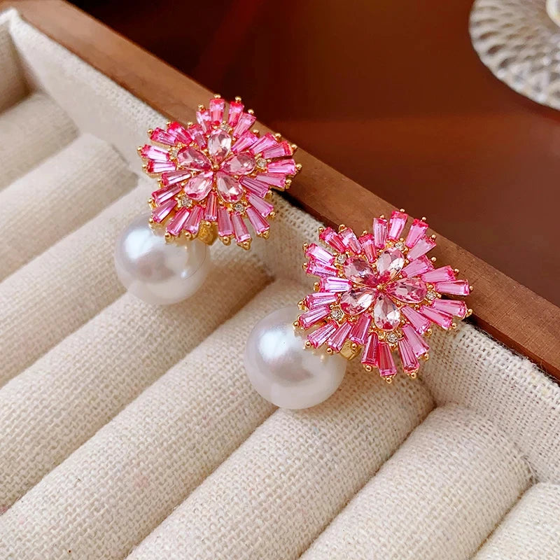 Light Luxury Imitation Pearl Earrings Women Jewelry Zircon Snowflake Studs for Party Wedding