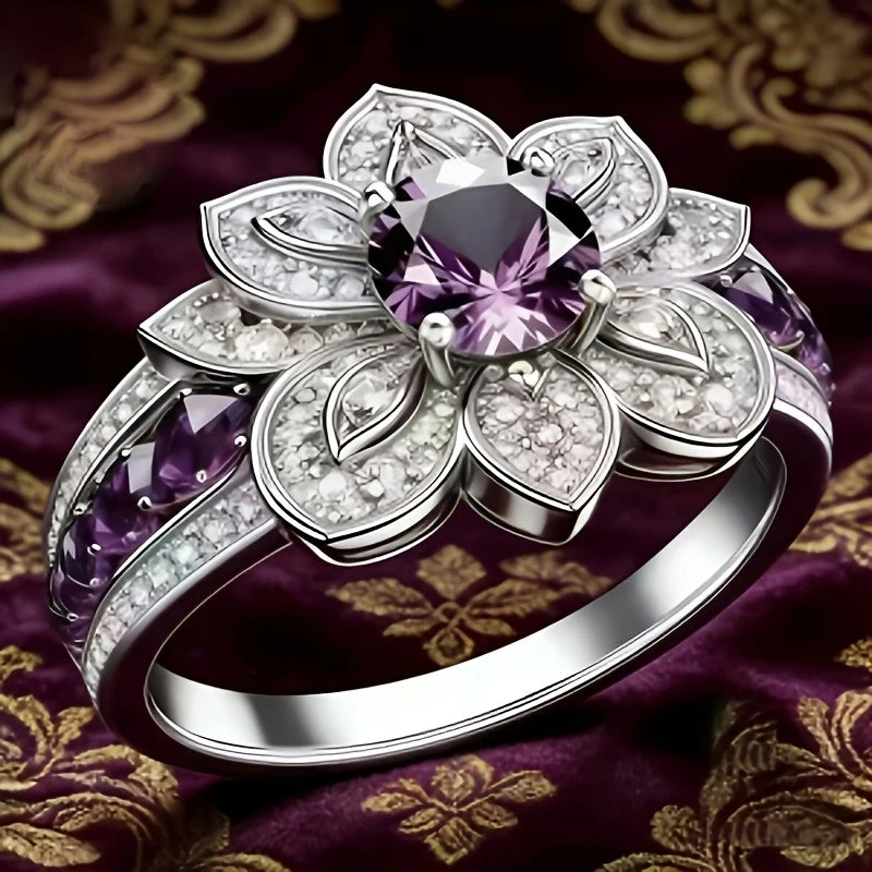 Gold Color Flower Ring with Purple Cubic Zirconia - Engagement & Party Jewelry