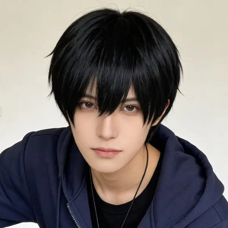 Anime Cosplay Wig 35cm Short Black Heat-Resistant Synthetic Hair for Men & Women