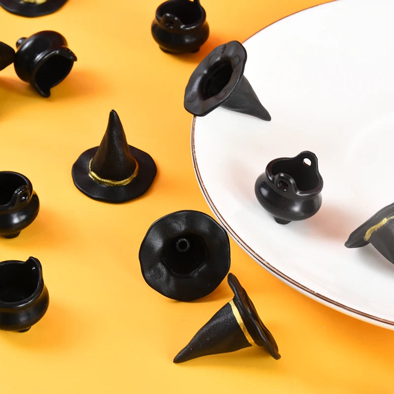 Halloween Miniature Witch Hats Set - Resin Cauldron Props for Party & Decor