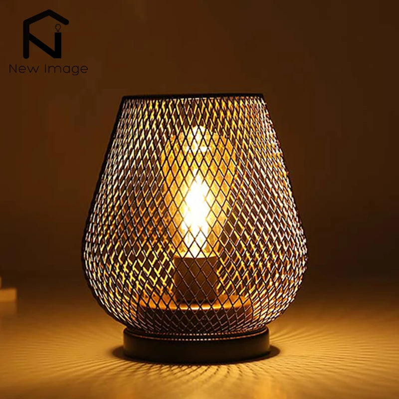 Hollow Metal Cage LED Candle Lantern - Battery Powered Cordless Lamp for Wedding & Home Decor