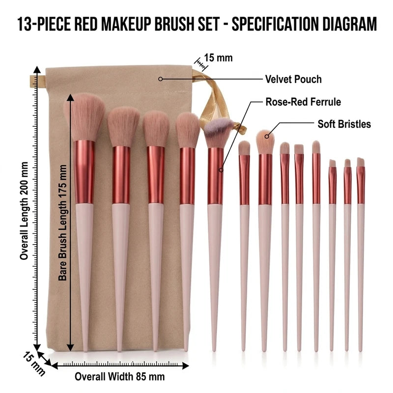 13-Piece Makeup Brush Set with Soft Synthetic Fibers for Eye Shadow Foundation Blush